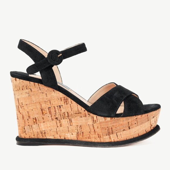 Prada Nero Scamosciato Suede Cork Wedge Sandals - Picture 1 of 11